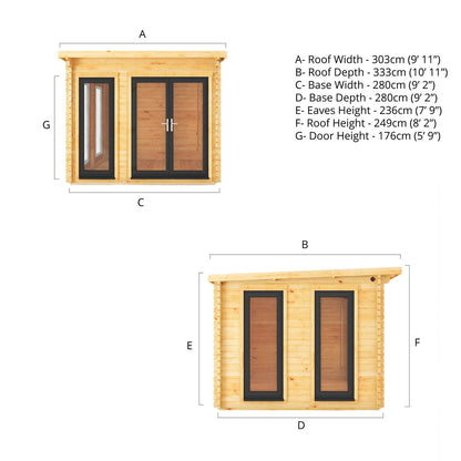Mercia Studio 9' 11" x 9' 11" Pent Log Cabin - Premium 44mm Cladding Loglap - Grey UPVC