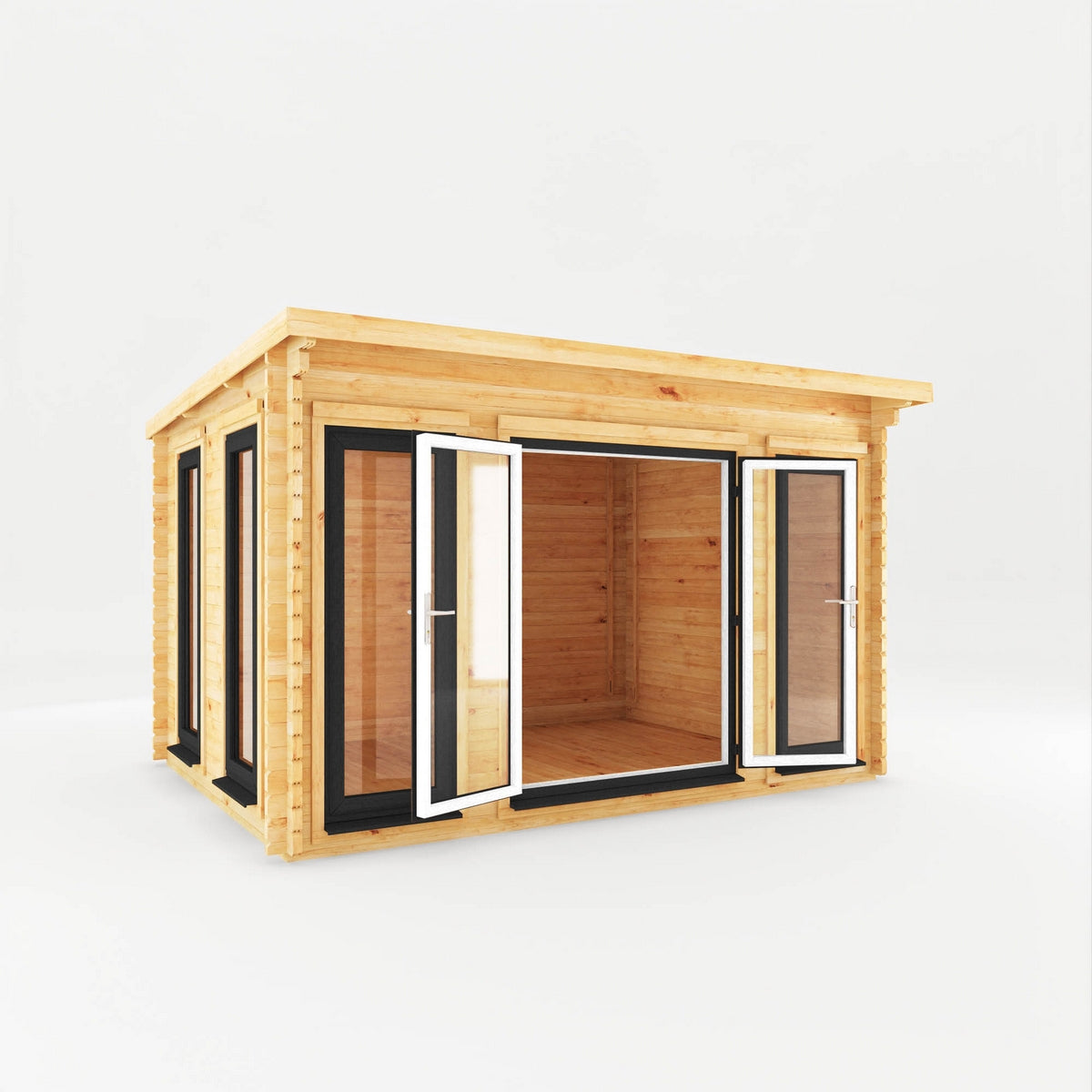 Mercia Studio 10' 11" x 13' 2" Pent Log Cabin - Premium 44mm Cladding Loglap - Grey UPVC