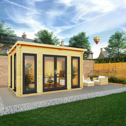 Mercia Studio 10' 11" x 13' 2" Pent Log Cabin - Premium 44mm Cladding Loglap - Grey UPVC