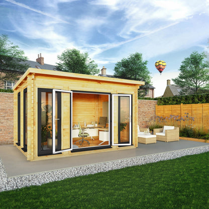 Mercia Studio 10' 11" x 13' 2" Pent Log Cabin - Premium 44mm Cladding Loglap - Grey UPVC Primary Image