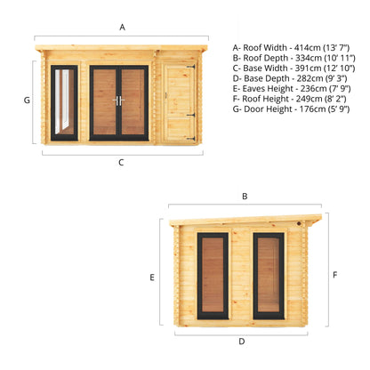 Mercia Studio 10' 11" x 13' 6" Pent Cabin with Shed - Premium 44mm Cladding Loglap - Grey UPVC