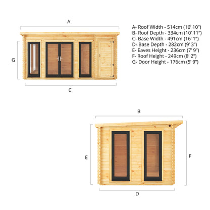 Mercia Studio 10' 11" x 16' 10" Pent Cabin with Shed - Premium 44mm Cladding Loglap - Grey UPVC