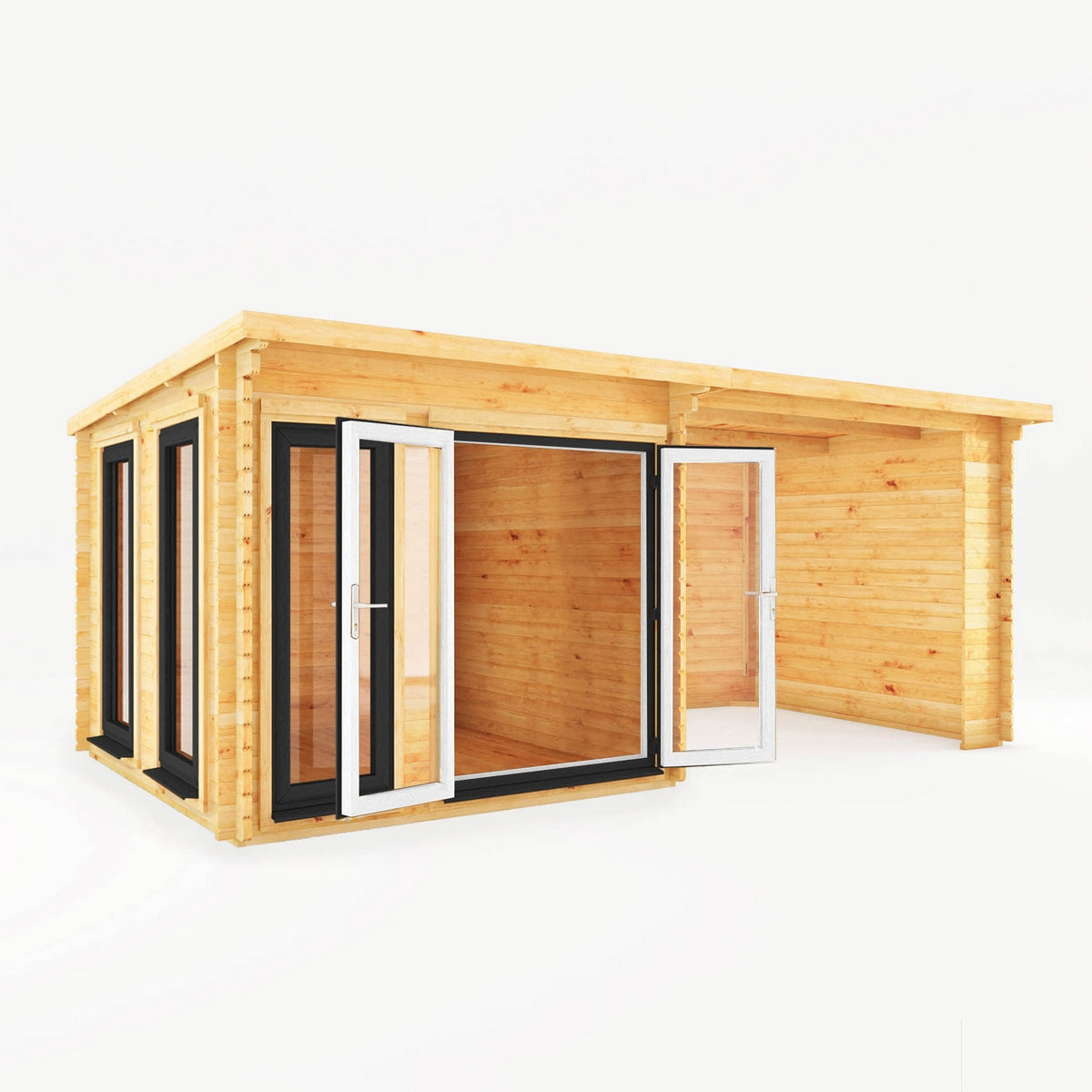 Mercia Studio 10' 11" x 19' 4" Pent Log Cabin - Premium 44mm Cladding Loglap - Grey UPVC