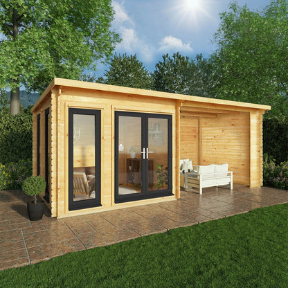 Mercia Studio 10' 11" x 19' 4" Pent Log Cabin - Premium 44mm Cladding Loglap - Grey UPVC