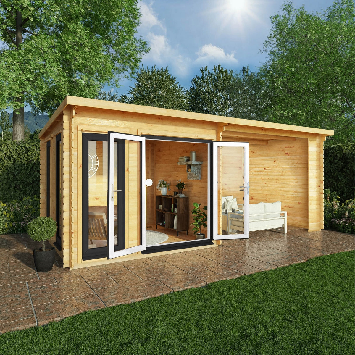 Mercia Studio 10' 11" x 19' 4" Pent Log Cabin - Premium 44mm Cladding Loglap - Grey UPVC Primary Image