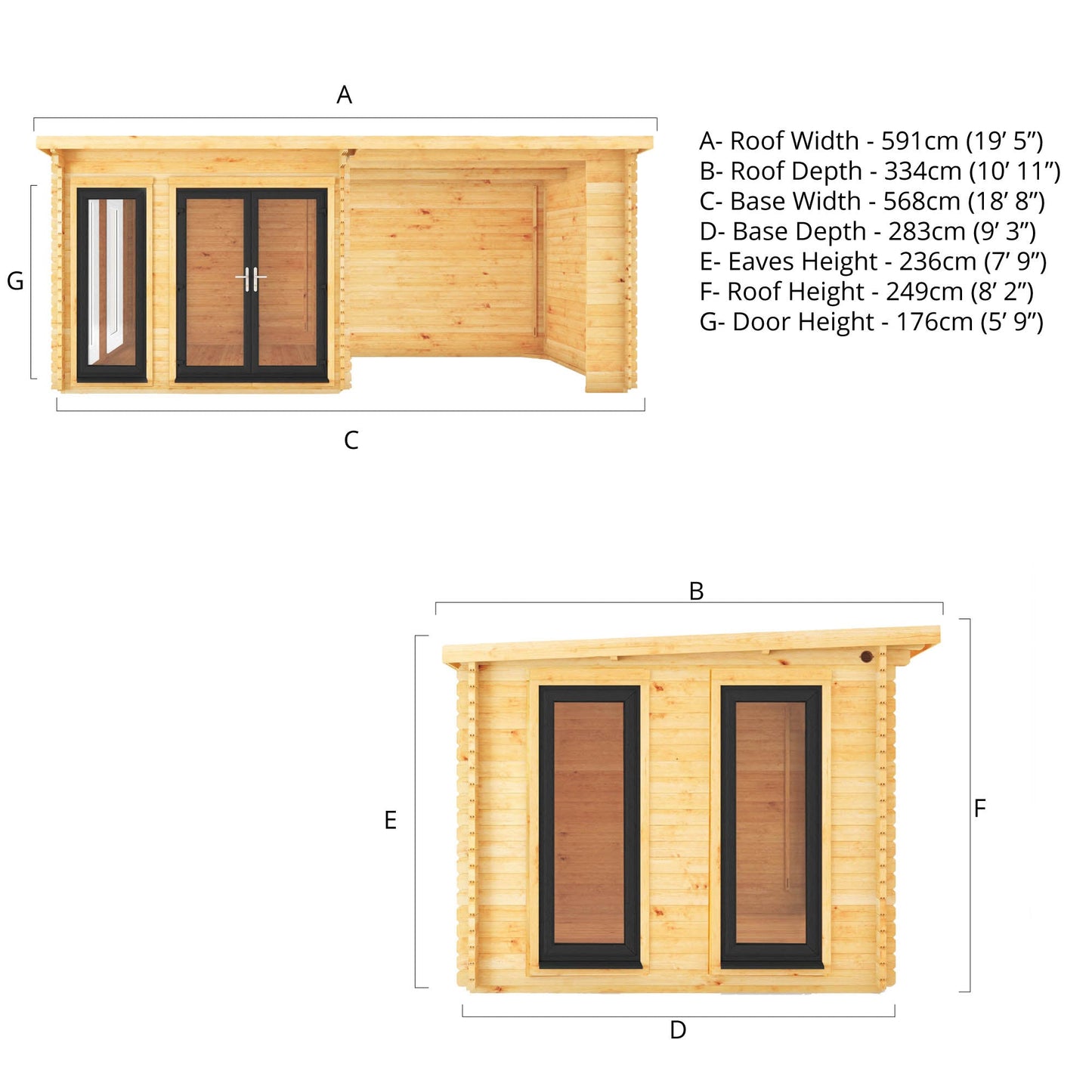 Mercia Studio 10' 11" x 19' 4" Pent Log Cabin - Premium 44mm Cladding Loglap - Grey UPVC