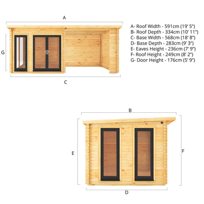 Mercia Studio 10' 11" x 19' 4" Pent Log Cabin - Premium 44mm Cladding Loglap - Grey UPVC