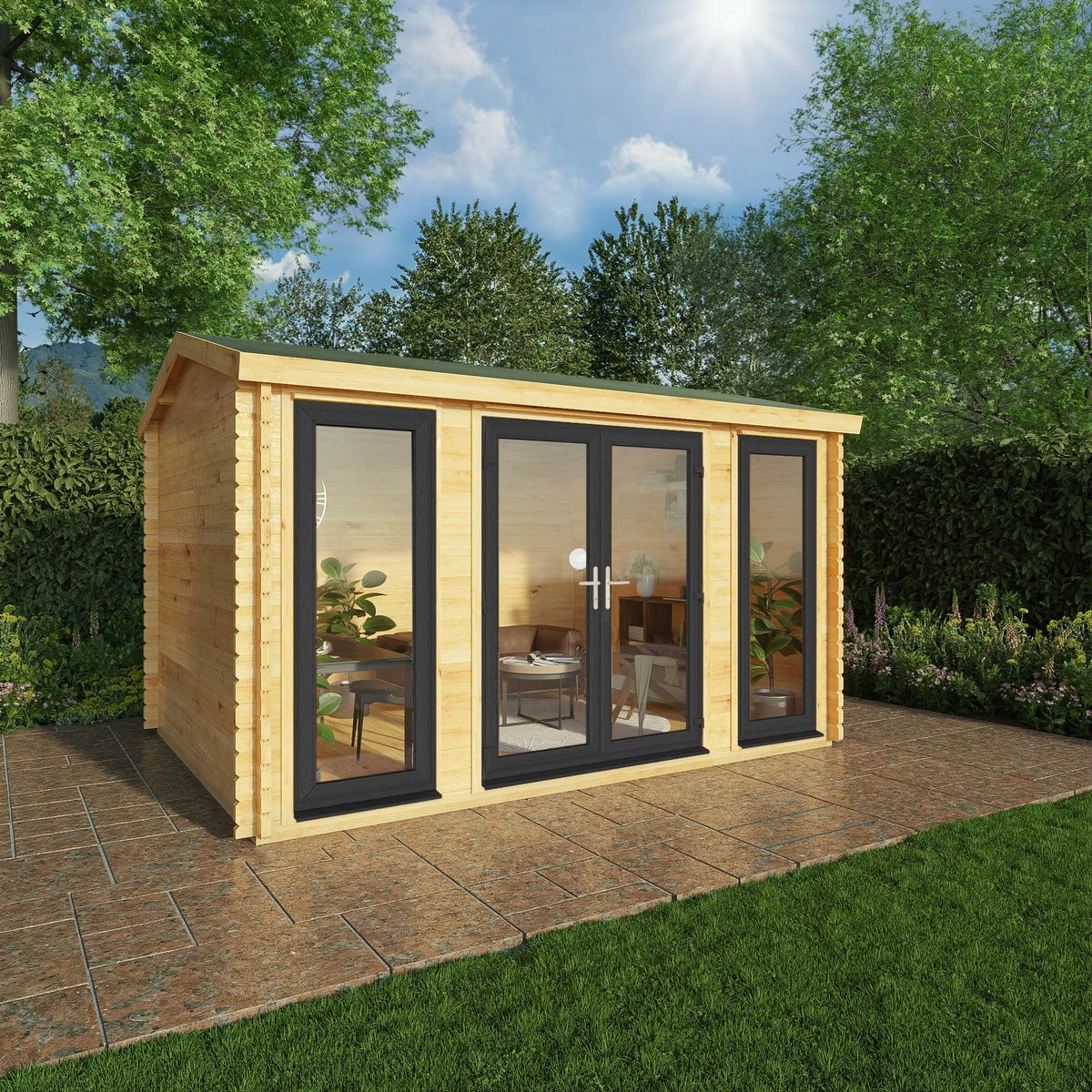 Mercia Studio 10' 3" x 13' 2" Apex Log Cabin - Premium 44mm Cladding Loglap - Grey UPVC