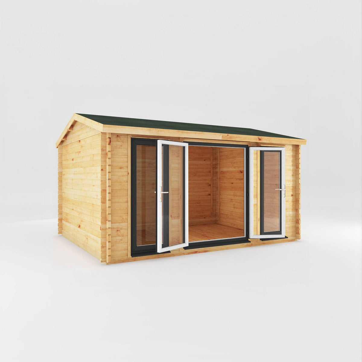 Mercia Studio 11' 11" x 14' 10" Apex Log Cabin - Premium 44mm Cladding Loglap - Grey UPVC