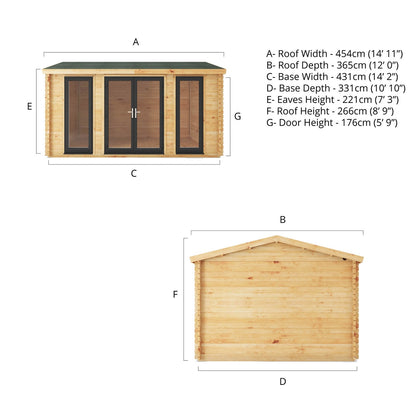 Mercia Studio 11' 11" x 14' 10" Apex Log Cabin - Premium 44mm Cladding Loglap - Grey UPVC