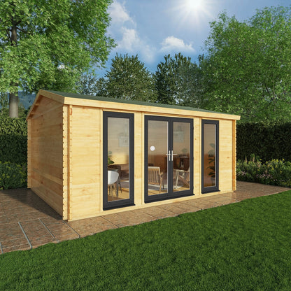 Mercia Studio 13' 7" x 16' 6" Apex Log Cabin - Premium 44mm Cladding Loglap - Grey UPVC