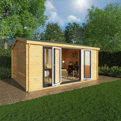 Mercia Studio 13' 7" x 16' 6" Apex Log Cabin - Premium 44mm Cladding Loglap - Grey UPVC