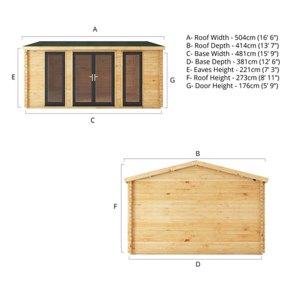Mercia Studio 13' 7" x 16' 6" Apex Log Cabin - Premium 44mm Cladding Loglap - Grey UPVC