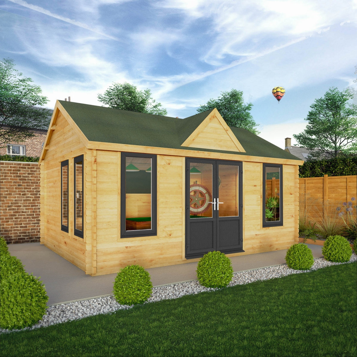 Mercia Clock Tower 13' 7" x 17' 6" Apex Log Cabin - Premium 44mm Cladding Loglap - Grey UPVC