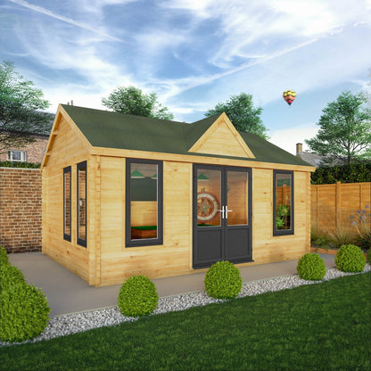 Mercia Clock Tower 13' 7" x 17' 6" Apex Log Cabin - Premium 44mm Cladding Loglap - Grey UPVC