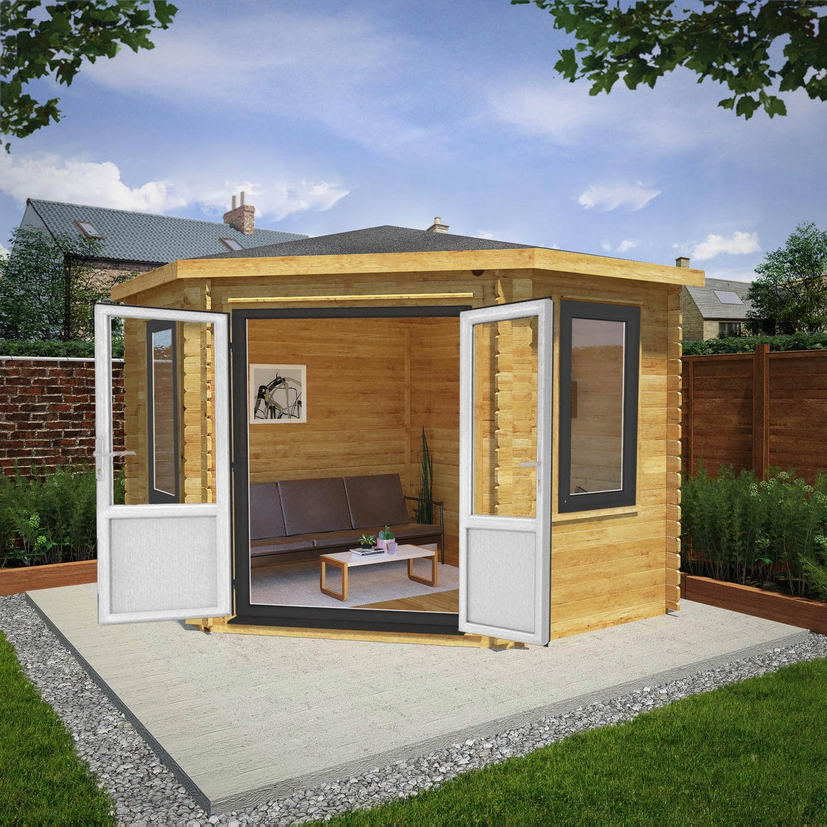 Mercia Corner 10' 4" x 10' 2" Hip Log Cabin - Premium 44mm Cladding Loglap - Grey UPVC
