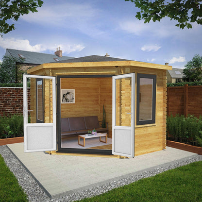 Mercia Corner 10' 4" x 10' 2" Hip Log Cabin - Premium 44mm Cladding Loglap - Grey UPVC
