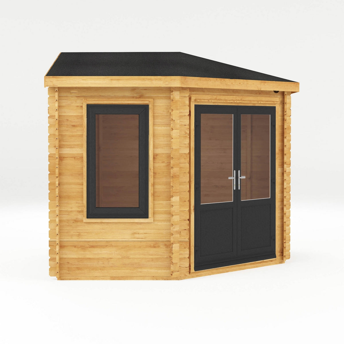 Mercia Corner 10' 4" x 10' 2" Hip Log Cabin - Premium 44mm Cladding Loglap - Grey UPVC