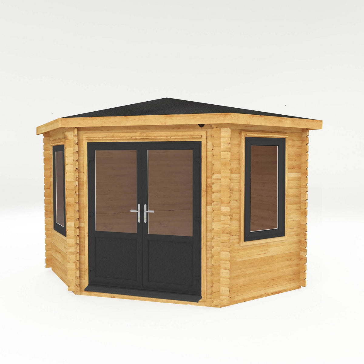 Mercia Corner 10' 4" x 10' 2" Hip Log Cabin - Premium 44mm Cladding Loglap - Grey UPVC