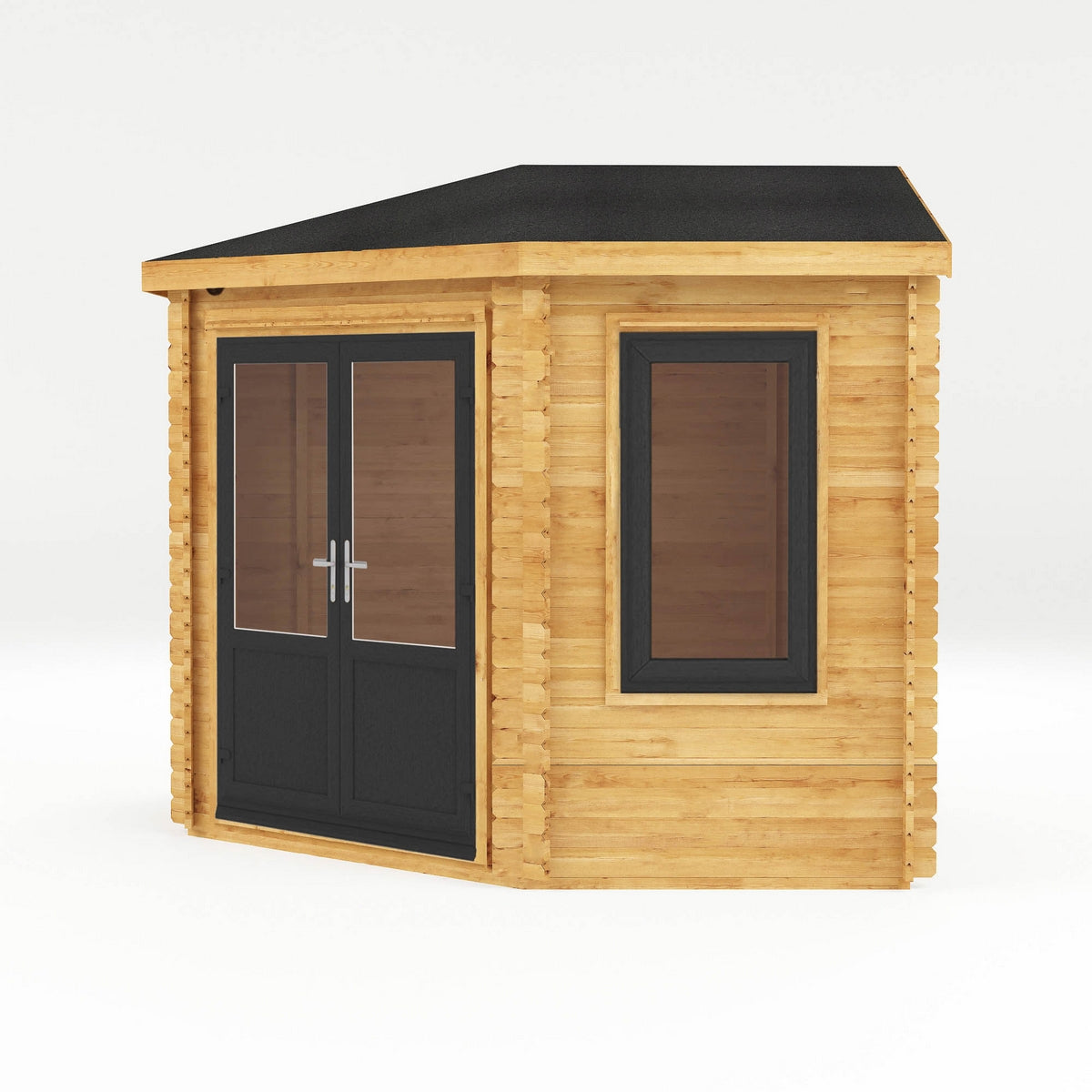 Mercia Corner 10' 4" x 10' 2" Hip Log Cabin - Premium 44mm Cladding Loglap - Grey UPVC