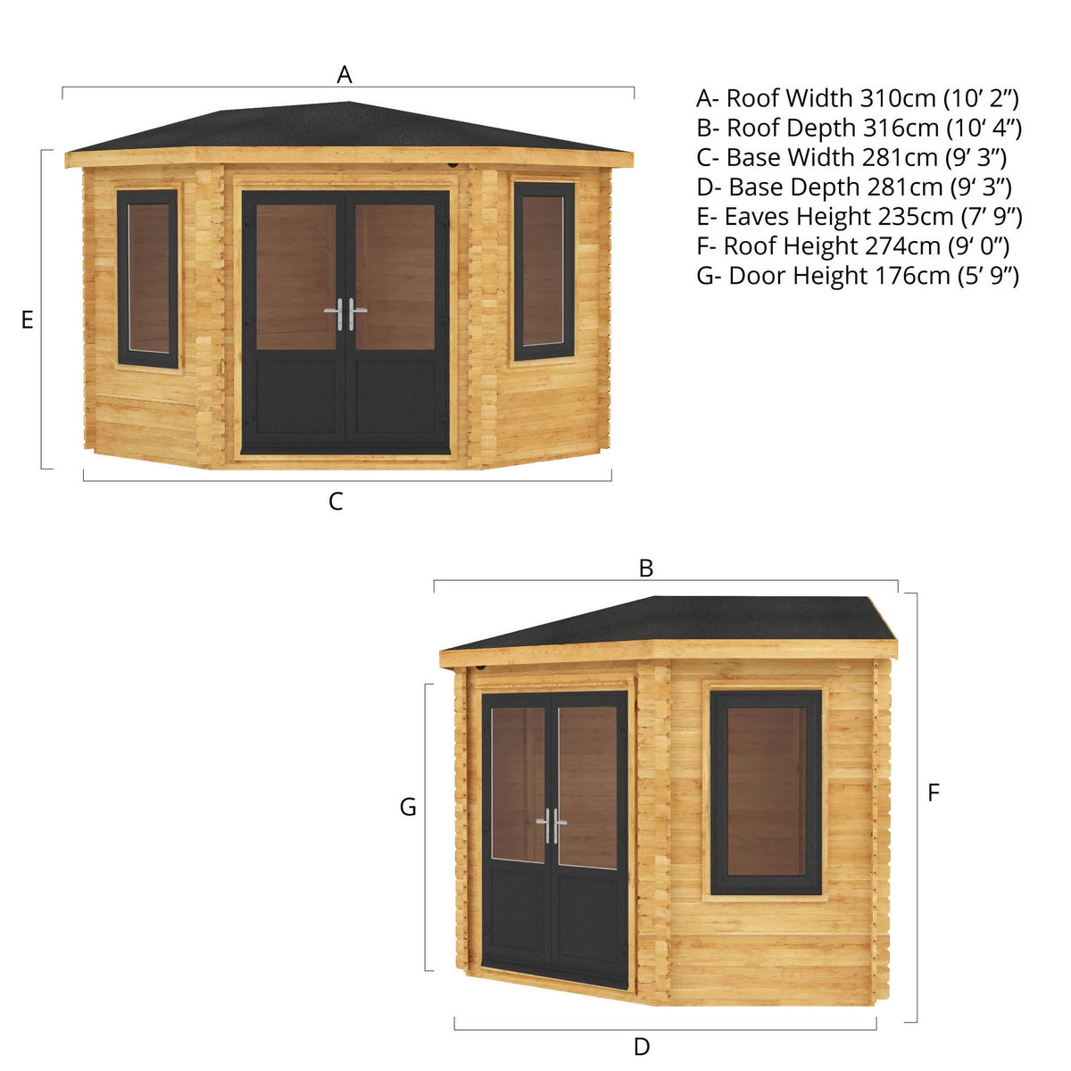 Mercia Corner 10' 4" x 10' 2" Hip Log Cabin - Premium 44mm Cladding Loglap - Grey UPVC