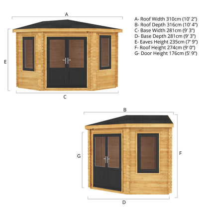 Mercia Corner 10' 4" x 10' 2" Hip Log Cabin - Premium 44mm Cladding Loglap - Grey UPVC