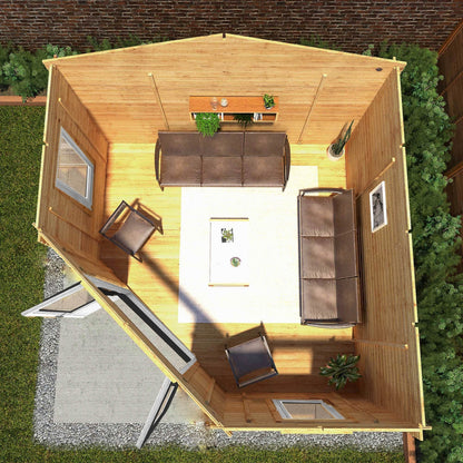 Mercia Corner 13' 7" x 13' 5" Hip Log Cabin - Premium 44mm Cladding Loglap - Grey UPVC