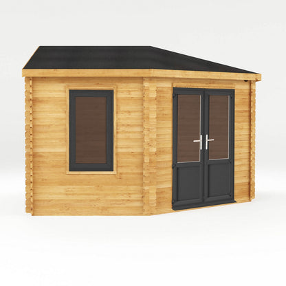 Mercia Corner 13' 7" x 13' 5" Hip Log Cabin - Premium 44mm Cladding Loglap - Grey UPVC