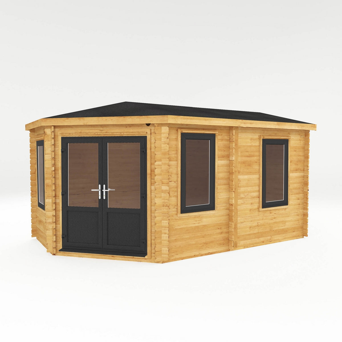 Mercia Corner 10' 4" x 16' 8" Hip Log Cabin - Premium 44mm Cladding Loglap - Grey UPVC