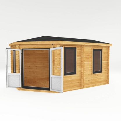 Mercia Corner 10' 4" x 16' 8" Hip Log Cabin - Premium 44mm Cladding Loglap - Grey UPVC
