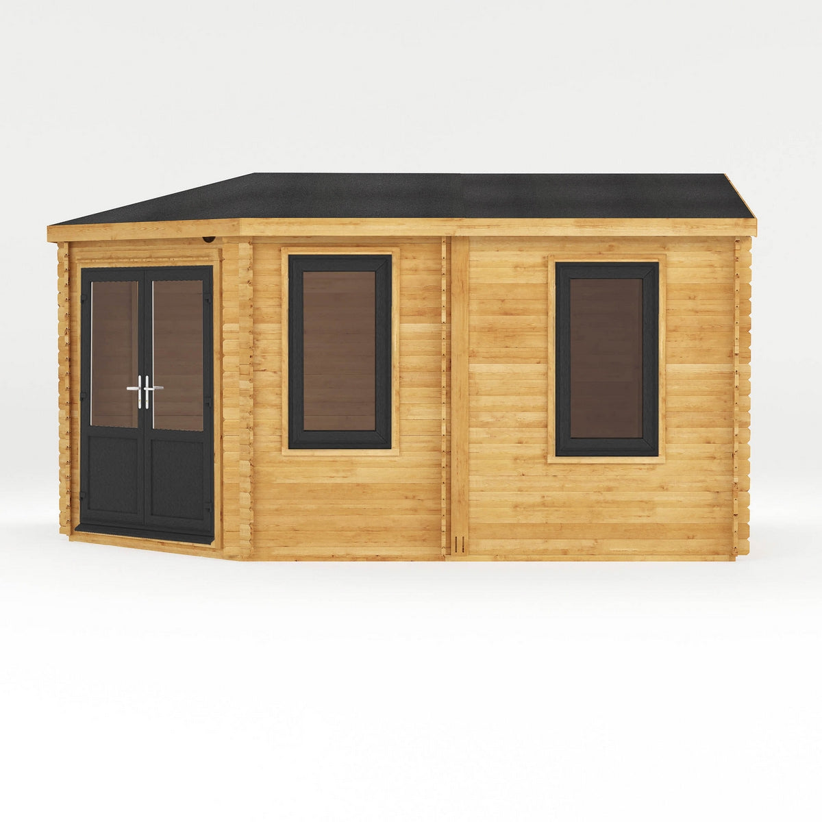 Mercia Corner 10' 4" x 16' 8" Hip Log Cabin - Premium 44mm Cladding Loglap - Grey UPVC
