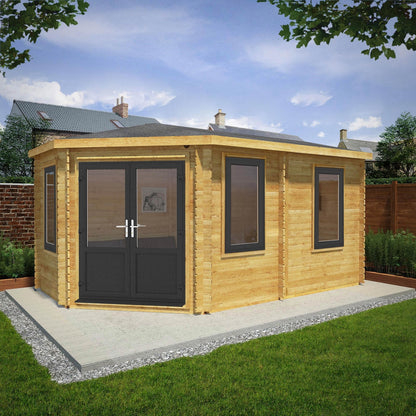 Mercia Corner 10' 4" x 16' 8" Hip Log Cabin - Premium 44mm Cladding Loglap - Grey UPVC