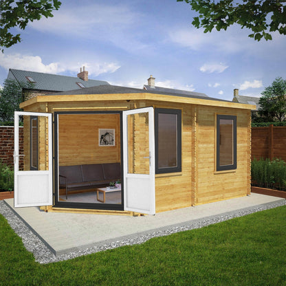 Mercia Corner 10' 4" x 16' 8" Hip Log Cabin - Premium 44mm Cladding Loglap - Grey UPVC