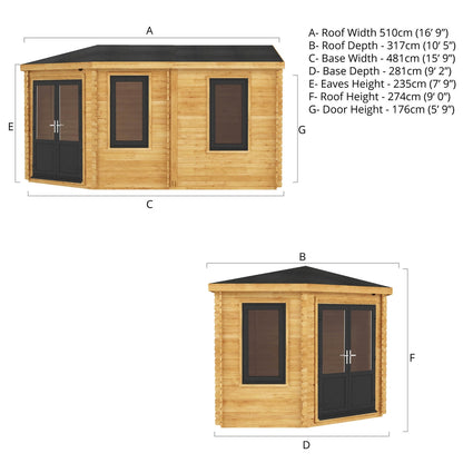 Mercia Corner 10' 4" x 16' 8" Hip Log Cabin - Premium 44mm Cladding Loglap - Grey UPVC
