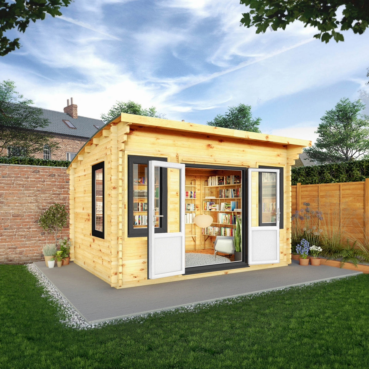 Mercia Helios 11' 5" x 13' 4" Curved Log Cabin - Premium 44mm Cladding Loglap - Grey UPVC