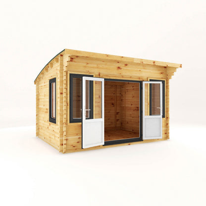 Mercia Helios 11' 5" x 13' 4" Curved Log Cabin - Premium 44mm Cladding Loglap - Grey UPVC