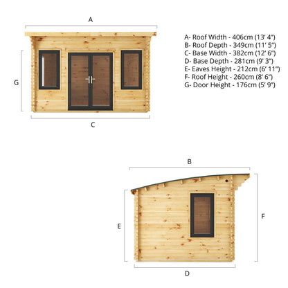 Mercia Helios 11' 5" x 13' 4" Curved Log Cabin - Premium 44mm Cladding Loglap - Grey UPVC