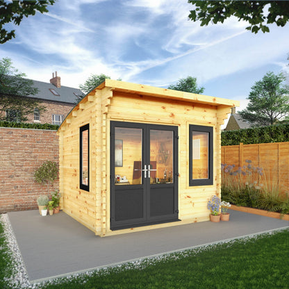 Mercia Helios 11' 5" x 10' Curved Log Cabin - Premium 44mm Cladding Loglap - Grey UPVC