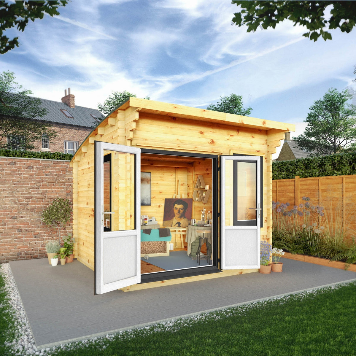 Mercia Helios 11' 5" x 10' Curved Log Cabin - Premium 44mm Cladding Loglap - Grey UPVC