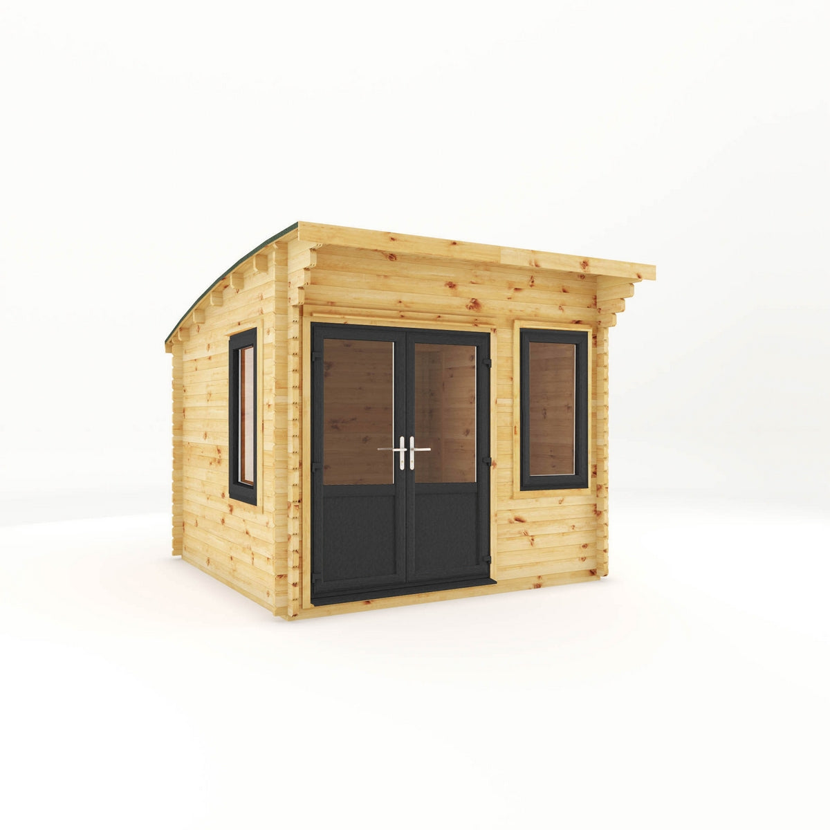 Mercia Helios 11' 5" x 10' Curved Log Cabin - Premium 44mm Cladding Loglap - Grey UPVC