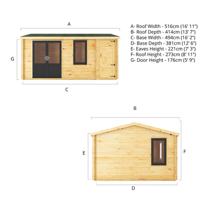Mercia Elite 13' 6" x 16' 11" Apex Log Cabin - Premium 44mm Cladding Loglap - Grey UPVC
