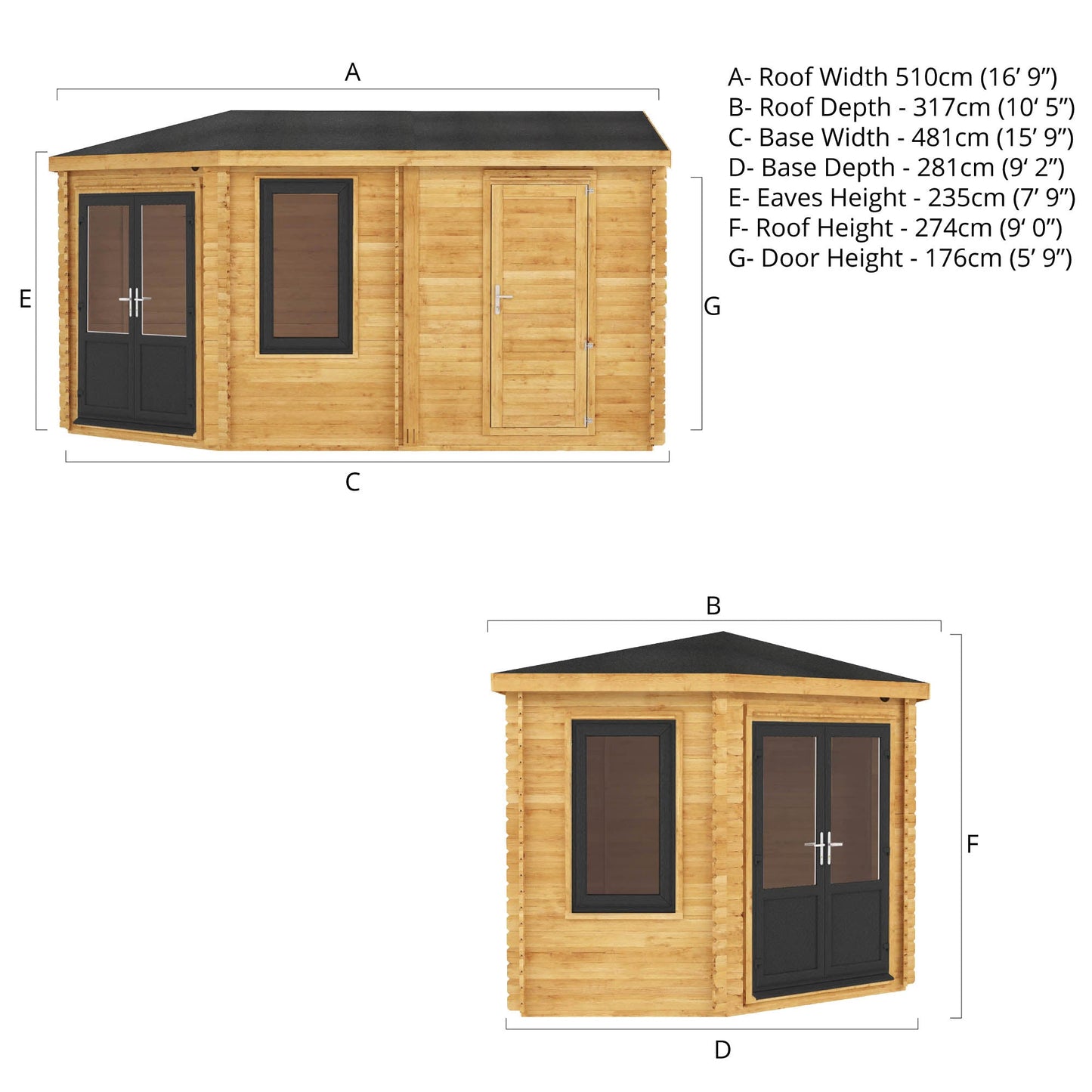 Mercia Corner 10' 4" x 16' 8" Hip Log Cabin Shed - Premium 44mm Cladding Loglap - Grey UPVC