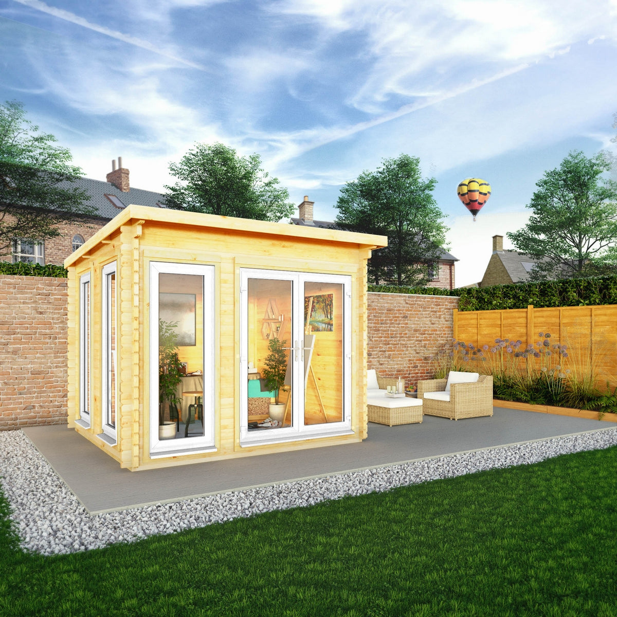 Mercia Studio 9' 11" x 9' 11" Pent Log Cabin - Premium 44mm Cladding Loglap - White UPVC
