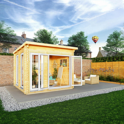 Mercia Studio 9' 11" x 9' 11" Pent Log Cabin - Premium 44mm Cladding Loglap - White UPVC