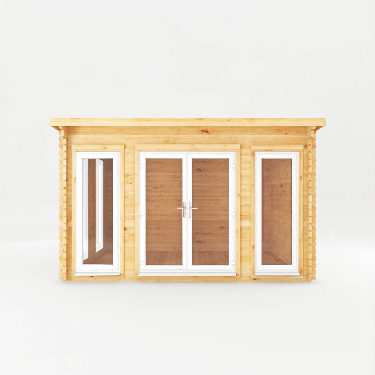 Mercia Studio 10' 11" x 13' 2" Pent Log Cabin - Premium 44mm Cladding Loglap - White UPVC