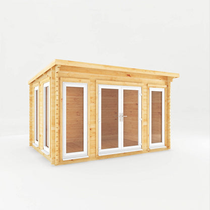Mercia Studio 10' 11" x 13' 2" Pent Log Cabin - Premium 44mm Cladding Loglap - White UPVC