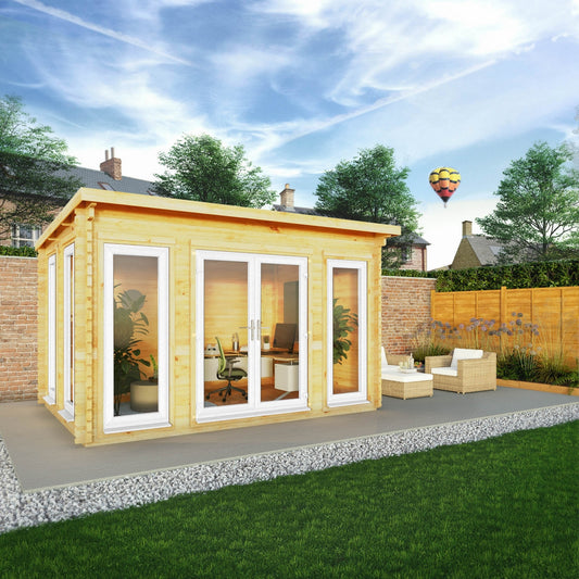 Mercia Studio 10' 11" x 13' 2" Pent Log Cabin - Premium 44mm Cladding Loglap - White UPVC