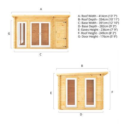 Mercia Studio 10' 11" x 13' 6" Pent Cabin with Shed - Premium 44mm Cladding Loglap - White UPVC