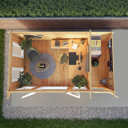 Mercia Studio 10' 11" x 16' 10" Pent Cabin with Shed - Premium 44mm Cladding Loglap - White UPVC