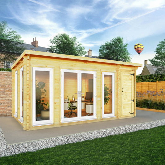 Mercia Studio 10' 11" x 16' 10" Pent Cabin with Shed - Premium 44mm Cladding Loglap - White UPVC
